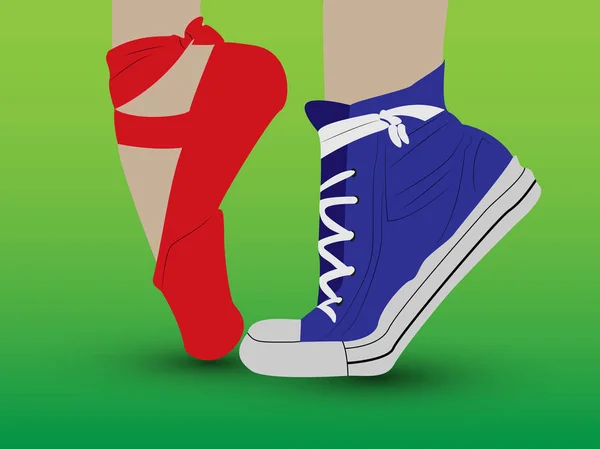 在运动鞋和芭蕾舞在绿色背景上的脚. — 图库矢量图片#
