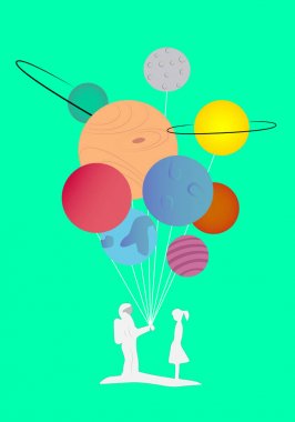Mutlu spaceman bir balon bir gezegen gibi bir kız için bir hediye yapmak ben