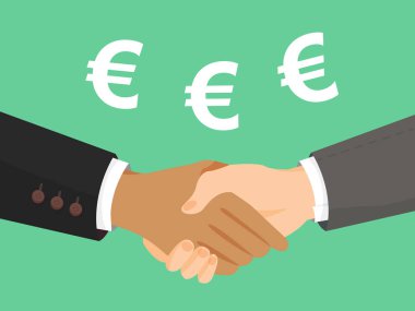 Karşılıklı iş ortakları. Bir sözleşme, başarı ve işbirliği ulaşma sembolü. Düz vektör karikatür el sıkışma illüstrasyon.