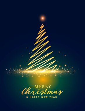 Altın Noel ağacı karanlık bir arka plan üzerine karalanmış. Vektör illust