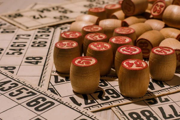 Tabletop old lotto game with wooden elements.