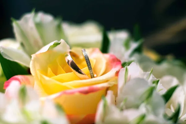 Dos anillos de boda de oro en las flores, anillos de boda concepto de fondo — Foto de Stock