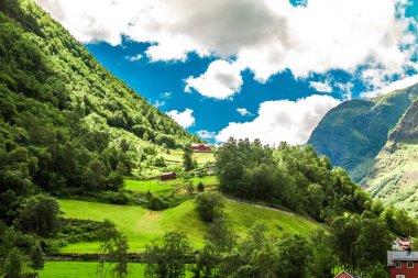 Flam Fjords, Norveç, güzel bir zemin ile küçük bir köy. Dağlar ve Norveç'te fiyort. Mavi gökyüzü ve bulutlar. Dağlar, su, gökyüzü, bulutlar ve güneş manzarası çok güzel. Norveç doğa.