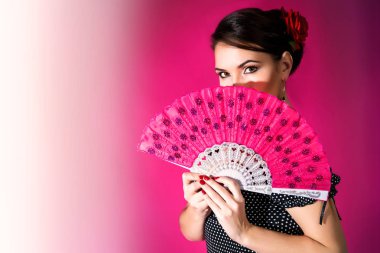 Flamenko Carmen güzel kadınla siyah elbiseli saçında koyu arka plan üzerinde kırmızı bir gül. Arjantin tango ya da Flamenko kavramı