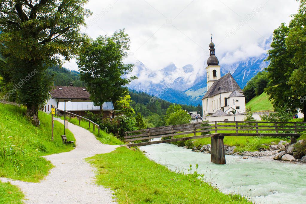 Ramsau village and church in Alps of Bavaria