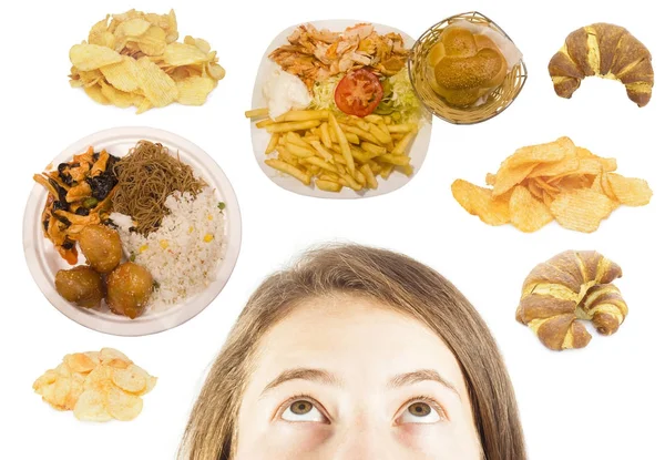 Vrouw denken over fastfood geïsoleerd op wit — Stockfoto