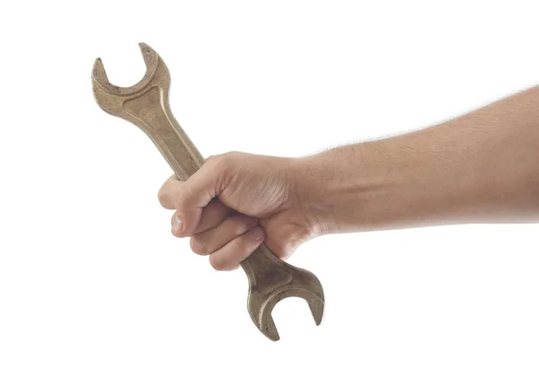 Ruce drží klíč nástroj izolované na bílém — Stock fotografie