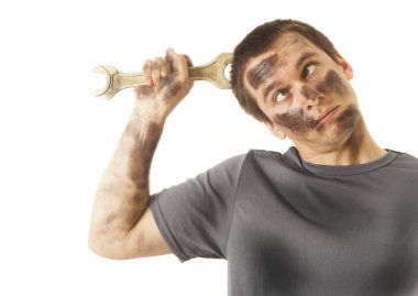 kirli ve komik mekanik anahtar düşünce ile üzerine beyaz izole