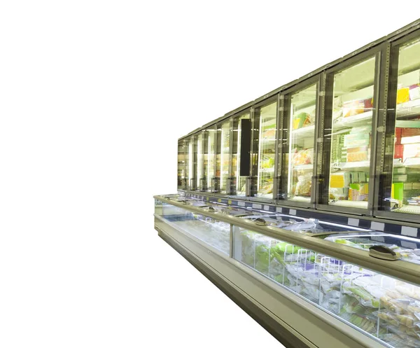 Empty supermarket aisle with shelves full of products — Stock Photo, Image