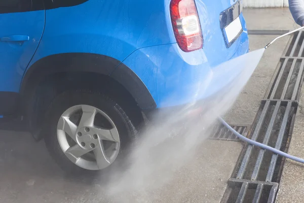 Mavi Araba Yıkama Temizlik Waterc Ile Eylem — Stok fotoğraf