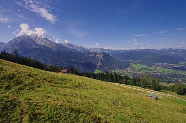 ドイツの緑の牧草地の風景アルプスの山々 — ストック写真