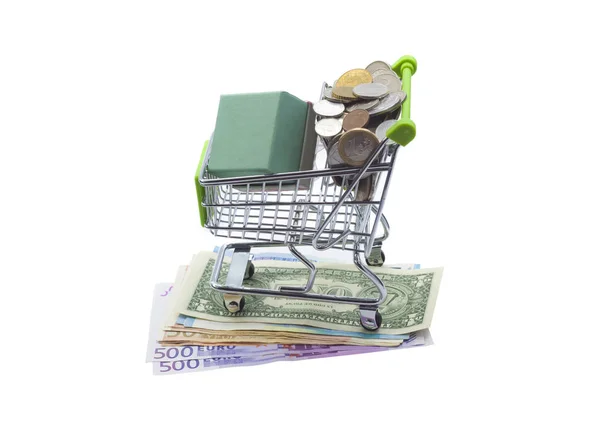 Shopping Cart Money Gift Concept Isolated White — Stock Photo, Image