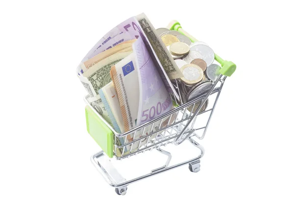 Shopping Cart Full Money Banknotes Coins Shopping Isolated White — Stock Photo, Image