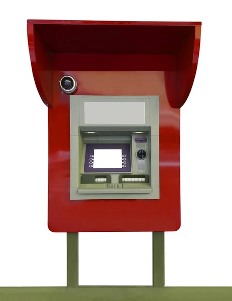 Atm Vermelho Para Levantamento Dinheiro Isolado Fundo Branco — Fotografia de Stock