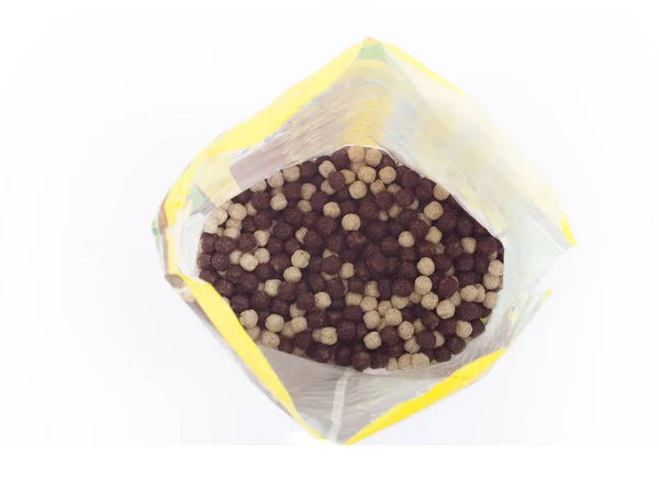 Saco Cereais Com Chocolate Isolado Fundo Branco — Fotografia de Stock