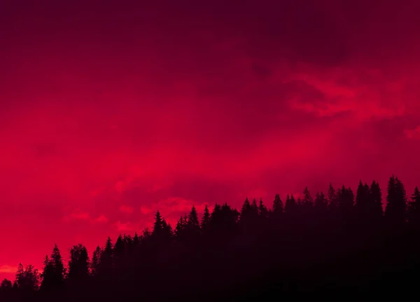 森の中の赤い夕焼け雲 山の風景 — ストック写真