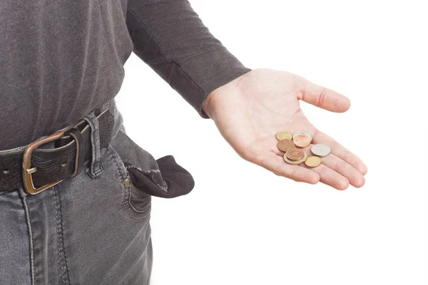 Poor Man Hand Holding Coins Empty Pocket — Stock Photo, Image