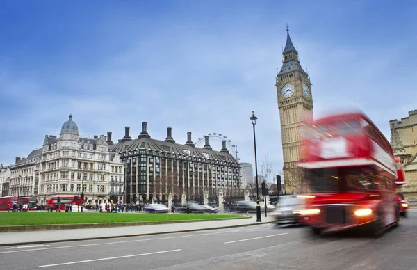 London City Scenen Med Röd Buss Och Big Ben Bakgrunden — Stockfoto