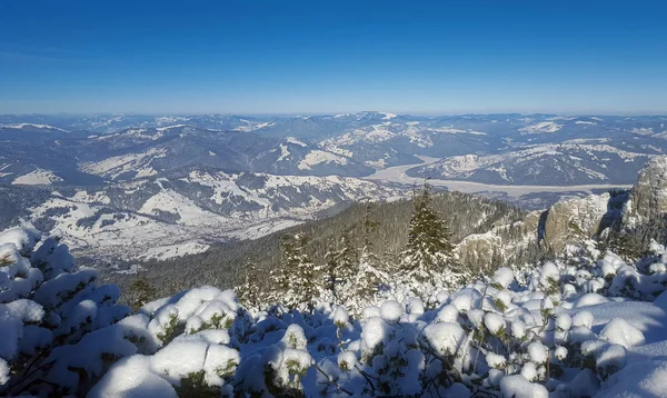 Ceahlau Berg Und Zugefrorener See Winterlandschaft Rumänien — Stockfoto