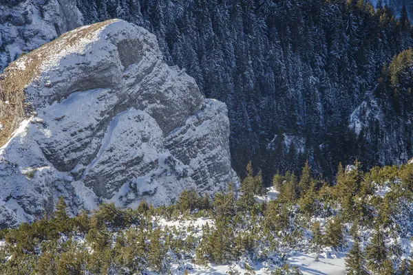 Krásná Krajina Zimní Rock Nebo Kámen Pokrytý Sněhem — Stock fotografie