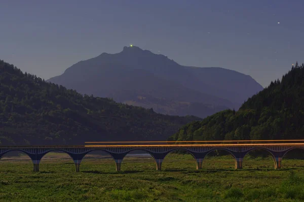 Night Scene Viaduct Bridge Car Trails Traffic Moonlight — Stock Photo, Image