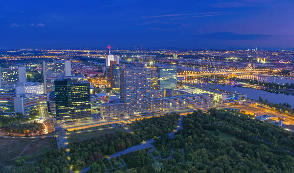 Cityscape of Vienna city at night, aerial view. Austria