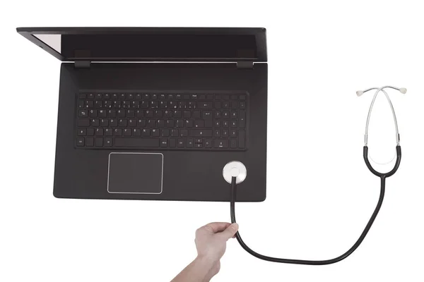 Mano Con Stetoscopio Computer Portatile — Foto Stock