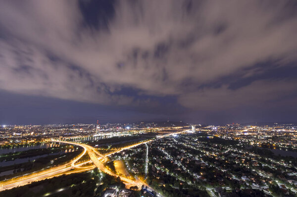 Cityscape of Vienna city at night, aerial view. Austria