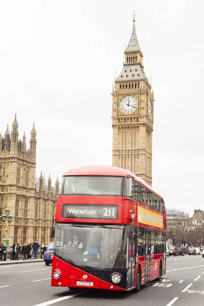 London United Kingdom February 2017 Red London Bus Big Ben — Stock Photo, Image