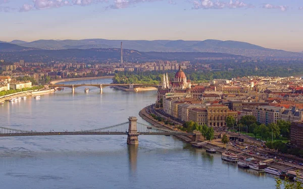 Panorama Budapest Stad Med Floden Donau Och Kedjebron Ungern — Stockfoto