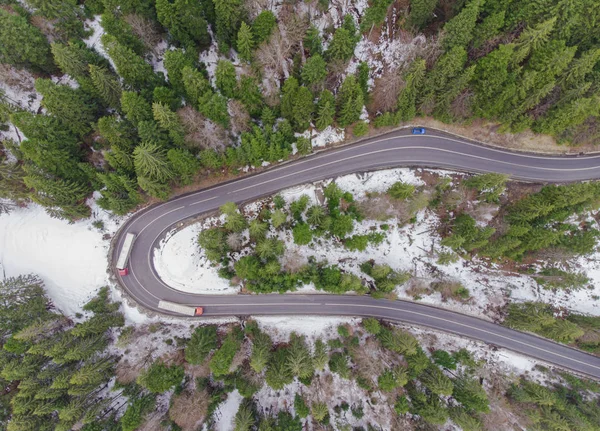 Luftaufnahme Einer Straße Wald Mit Autos Und Lkw — Stockfoto