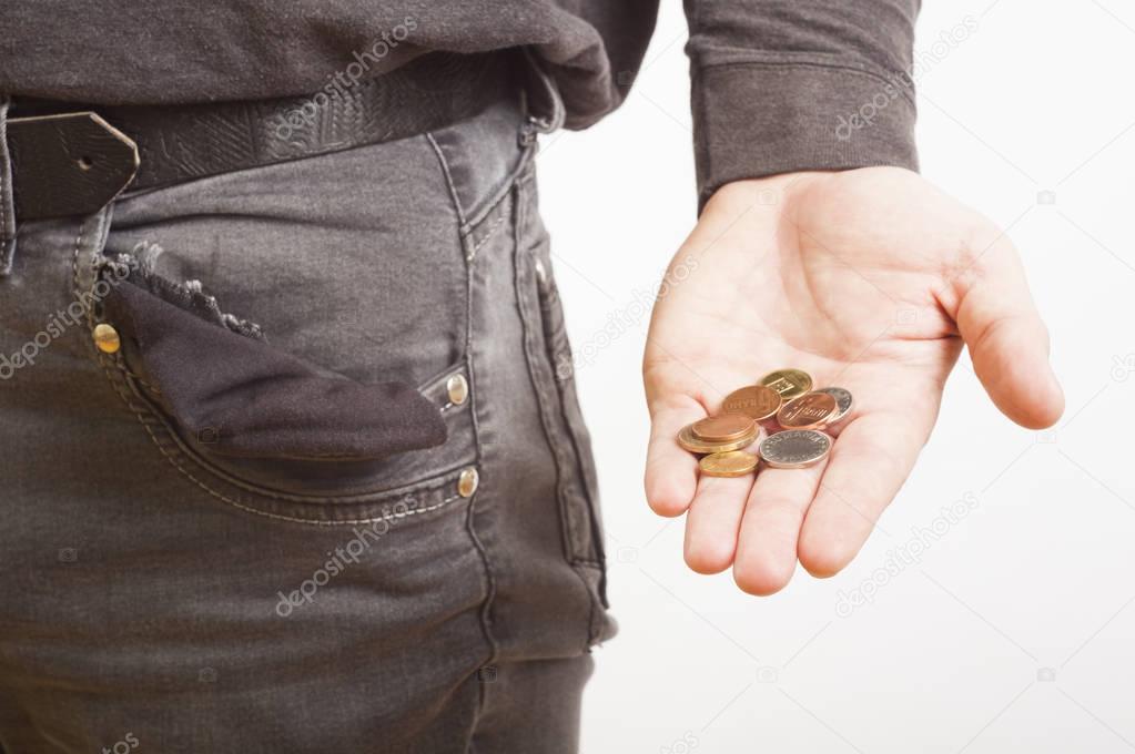 poor man hand holding coins and empty pocket