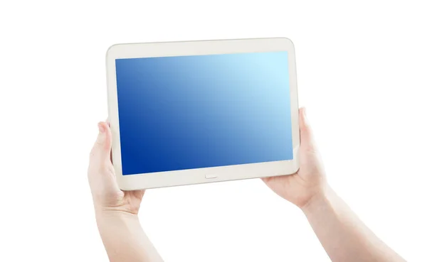 Ruce Držící Tablet Izolované Bílém Modrá Obrazovka — Stock fotografie