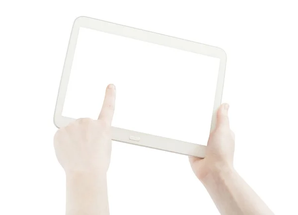Handen Met Tablet Geïsoleerd Wit — Stockfoto