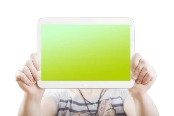 Mani Che Tengono Tablet Isolato Verde — Foto Stock