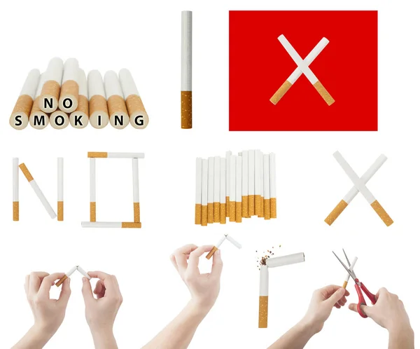 Set of broken cigarette and quit or no smoking concept — Stock Photo, Image
