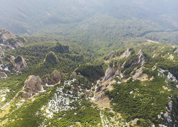 Εναέρια Άποψη Του Βουνού Ceahlau Βραχώδεις Πέτρα Και Δασικό Τοπίο — Φωτογραφία Αρχείου