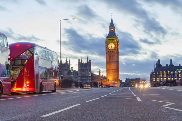 London City View Med Big Ben Och Bil Trafik Kvällen — Stockfoto