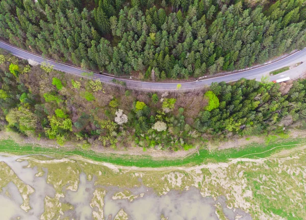 Route Étang Forêt Vue Aérienne Paysage Roumanie — Photo