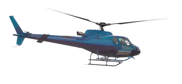 Niebieski Helikopter Latający Białym Tle — Zdjęcie stockowe
