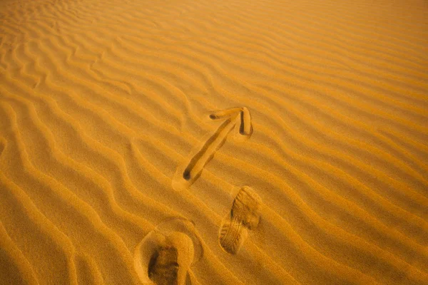 Βέλος Στην Έρημο Άμμο Δείχνει Προς Εμπρός Έννοιας Leader — Φωτογραφία Αρχείου