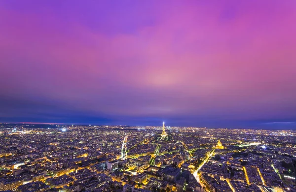 Paris city at night, after sunset. aerial view
