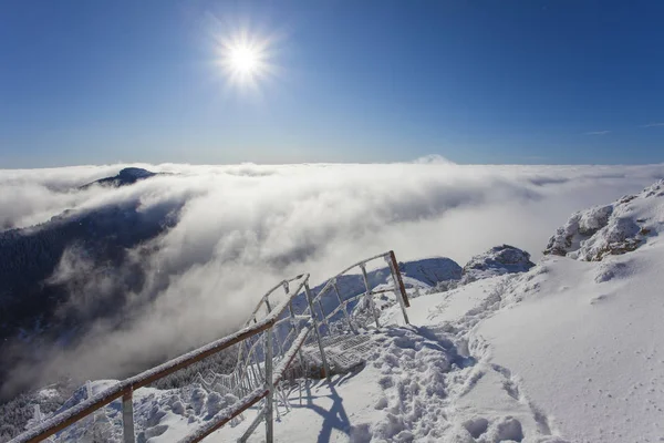 Ceahlau Berg Met Zonnestralen Het Winterlandschap Roemenië — Stockfoto