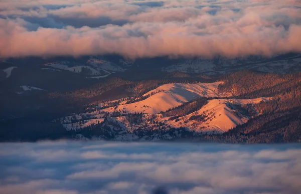 Bulutların Üstündeki Tepeler Romanya Nın Kışın Ceahlau Dağı Manzarası — Stok fotoğraf