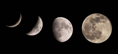 Geceleri kraterlerle dolu bir ay batımı. Fotoğraflar büyük tele-zoom lensleriyle çekildi.