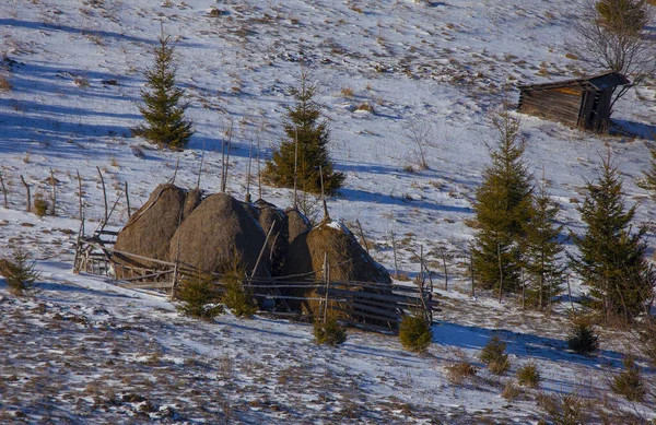Stosy Siana Zimowej Scenie Rumunia — Zdjęcie stockowe