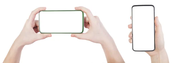 Frau Hält Smartphone Mit Weißem Bildschirm Und Hintergrund Der Hand — Stockfoto