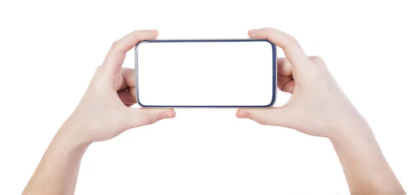 Mains Femme Tenant Smartphone Avec Écran Blanc Fond — Photo