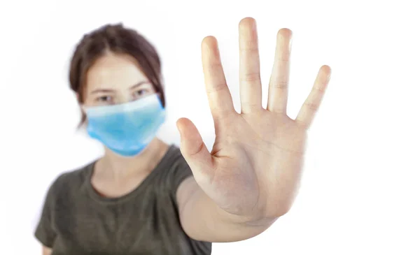 Sjuksköterska Kvinna Visar Stop Hand För Virus Skydd Koncept — Stockfoto