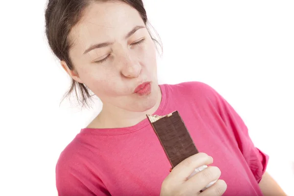 Jong Meisje Eten Wafer Geïsoleerd Wit — Stockfoto